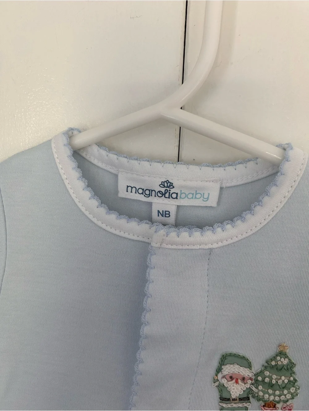Magnolia Baby newborn baby light blue footie embroidered Santa Christmas tree